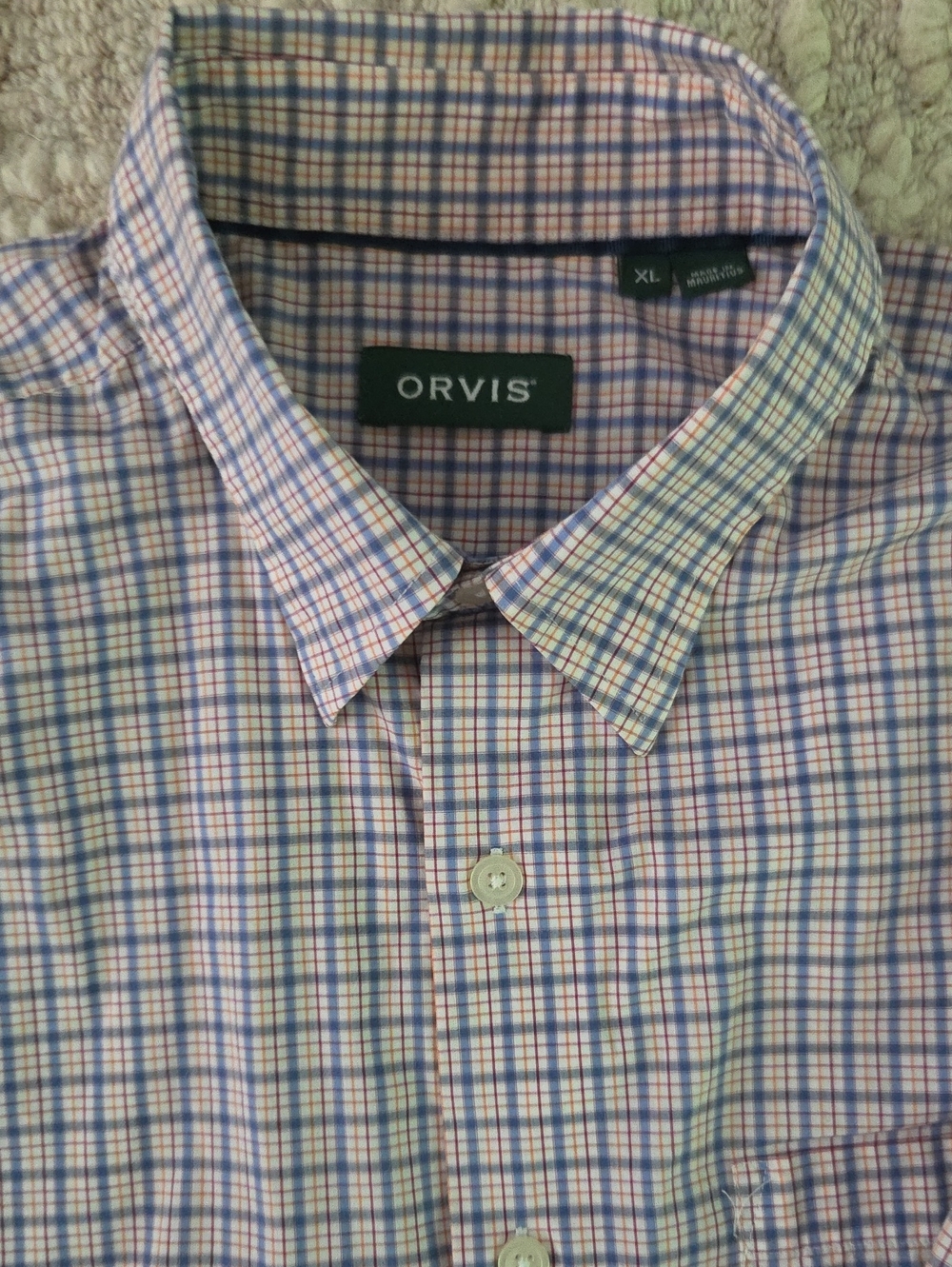 Orvis Men's XL Plaid Button Down Shirt Blue Red Orange Check Long Sleeve